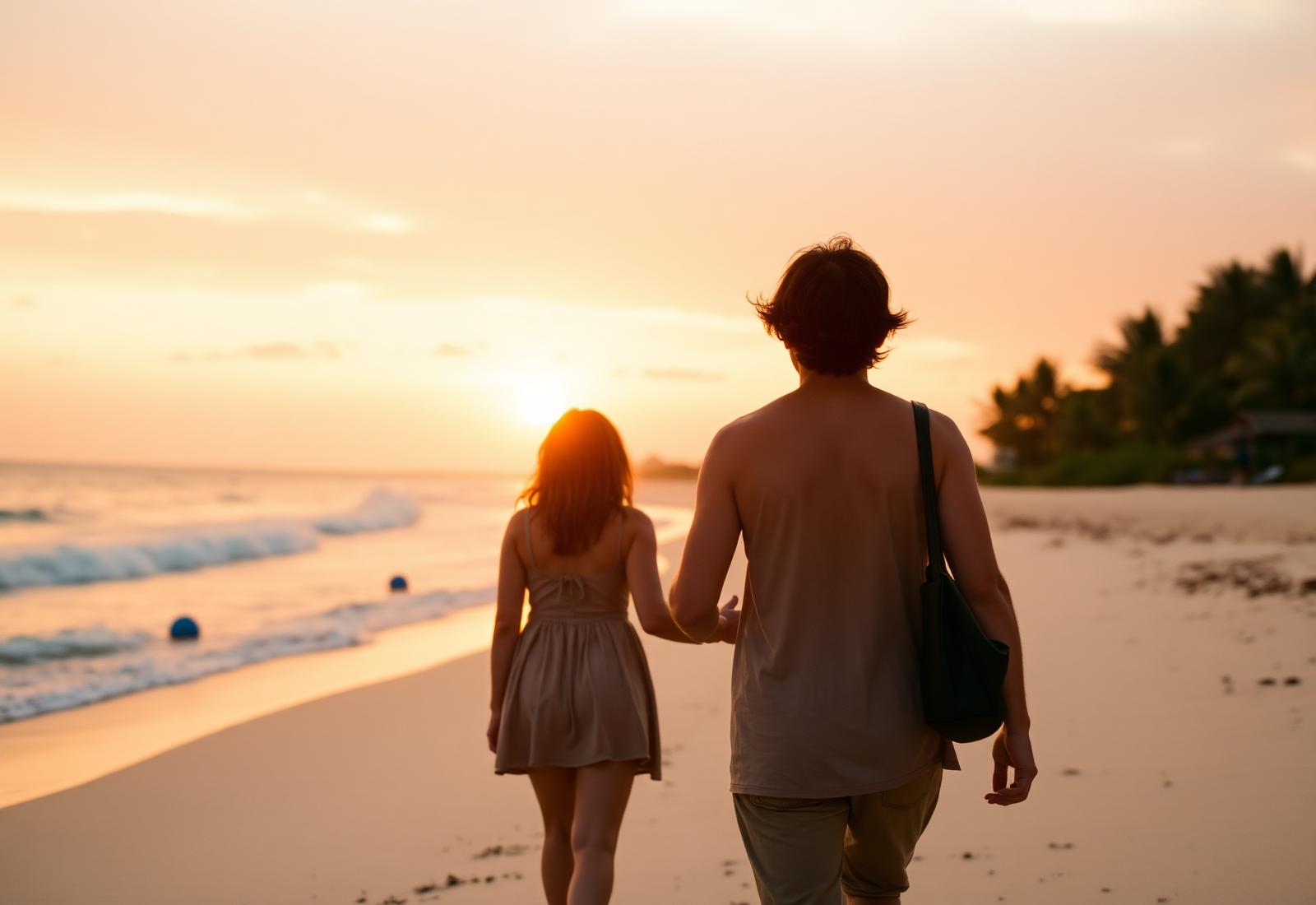 Pareja caminando en la playa al atardecer